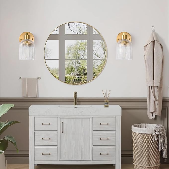 Gold Modern Wall Sconce Set of 2 Glass Bathroom Vanity Lighting Fixture Sconces Wall Lighting Brushed Indoor Wall Mounted Lamp for Living Room Bedroom Bathroom