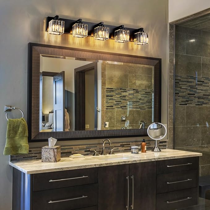 35.43" Black Crystal Bathroom Vanity Light 5-Lights Modern Bathroom Lighting Fixtures Over Mirror, Crystal Wall Light