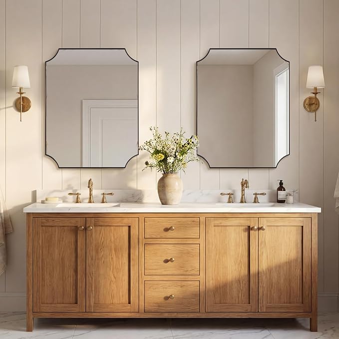 28"x36" Bathroom Mirror, Brushed Bronze Scalloped Mirror for Bathroom, Antique Rectangle Mirror with Scalloped Corners, Hangs Vertically or Horizontally