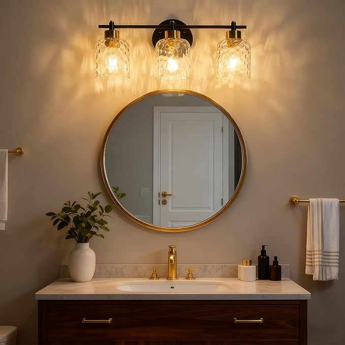 3 Light Black and Brass Bathroom Light Fixtures with Hammered Glass Mirror | 21.2" Black and Gold Farmhouse Vanity Light, Vanity Lighting Fixtures, Rustic Vanity Lights for Bathroom Lights for Makeup