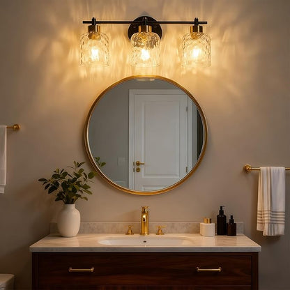 3 Light Black and Brass Bathroom Light Fixtures with Hammered Glass Mirror | 21.2" Black and Gold Farmhouse Vanity Light, Vanity Lighting Fixtures, Rustic Vanity Lights for Bathroom Lights for Makeup