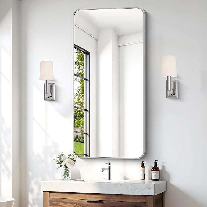 48x24 Inch Silver Bathroom Mirror, Metal Framed Silver Rectangle Mirror, Rounded Rectangular Vanity Mirror, Wall Mounted Mirrors for Living Room Bedroom Entryway Hangs Horizontal or Vertical