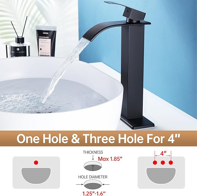 Fransiton Tall Vessel Sink Faucet Matte Black Faucet for Bathroom Sink Tall Waterfall Bathroom Faucet Single Handle 1 or 3 Hole Wash with Pop-up Drain