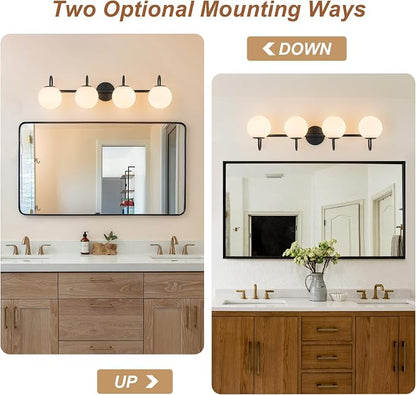 Globe Vanity Light, 31" Modern Gold Bathroom Light Fixtures Mid-Century Milk Glass Vanity Light 4-Light Wall Sconce Black | Mid-Century Milk Glass Vanity Light, Wall Sconce for Bathroom Hallway, Ceramic E12 Base, Dimmable, Up/Down Mounting Design
