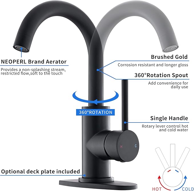 Matte Black Single Handle Bathroom Sink Faucet, 360° Swivel Spout Bar Sink Faucet with Deck Plate 4 Inch Centerset Black Bathroom Faucet with Pop-Up Drain Black Bathroom Lavatory Vanity Faucet