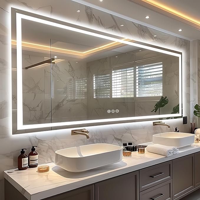 EchosLife 96"x36" Large LED Bathroom Mirror with Lights | Backlit + Front Lit, Anti-Fog, Stepless Dimmable, 3 Colors, Memory, Tempered Glass, UL Listed, Horizontal/Vertical