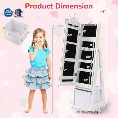 CHARMAID 360° Swivel Kids Jewelry Cabinet, 48" Standing Jewelry Organizer with Full Length Mirror, Storage Drawer, Kids Vanity Dressing Mirror, Jewelry Armoire with Lockable Wheels for Girls (White)