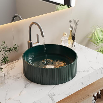 15.7" Dark Green Round Fluted Ceramic Vessel Sink | Modern Minimalist Fluted Design, Durable Premium Ceramic, Smooth Glaze Easy To Clean, Deep Basin Prevents Water Splashes