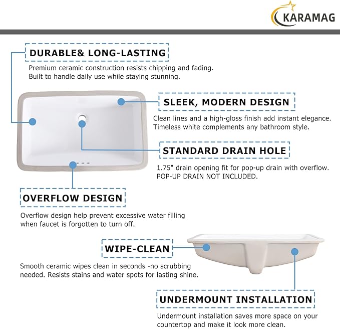 27 Inch Undermount Bathroom Sink Rectangle Undermount Sink White Ceramic Under Counter Bathroom Sinks with Overflow (27.3"x16.5")