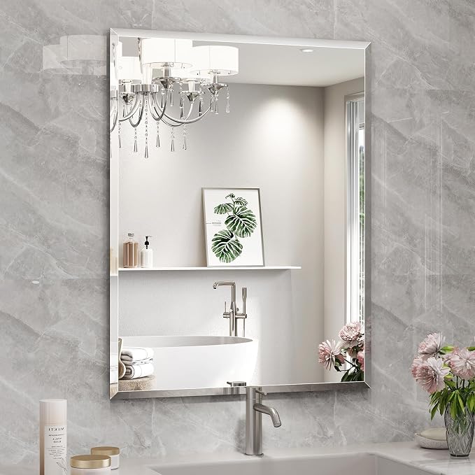 28"x36" Frameless Beveled Bathroom Mirrors for Vanity | Wall Mount Mirror for Bedroom Entryway Living Room Hangs Horizontally or Vertically