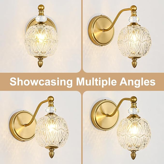 1 Piece Vintage Wall Sconce, 1-Light Mid Century Brushed Gold Finish Wall Sconce with Globe Glass Shade, Retro Light for Bathroom, Bedroom, Living Room,Powder Room