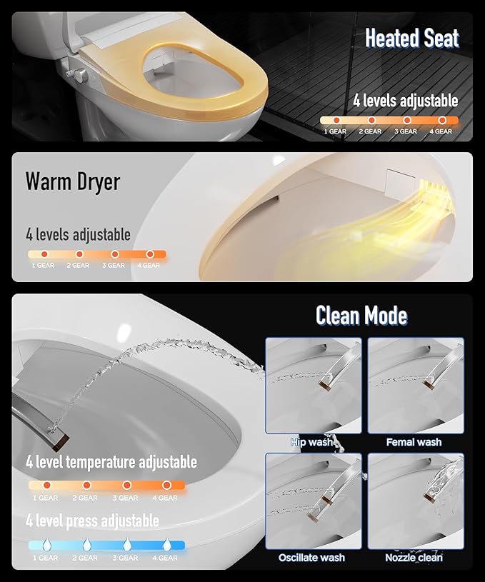 Electric Toilet Seat Elongated with Voice Control, Heated Toilet Seat with Warm Water & Dryer, Radar Sensor Auto Open/Close, LED Temp Display, Electric Bidet Toilet Seat for Bathroom