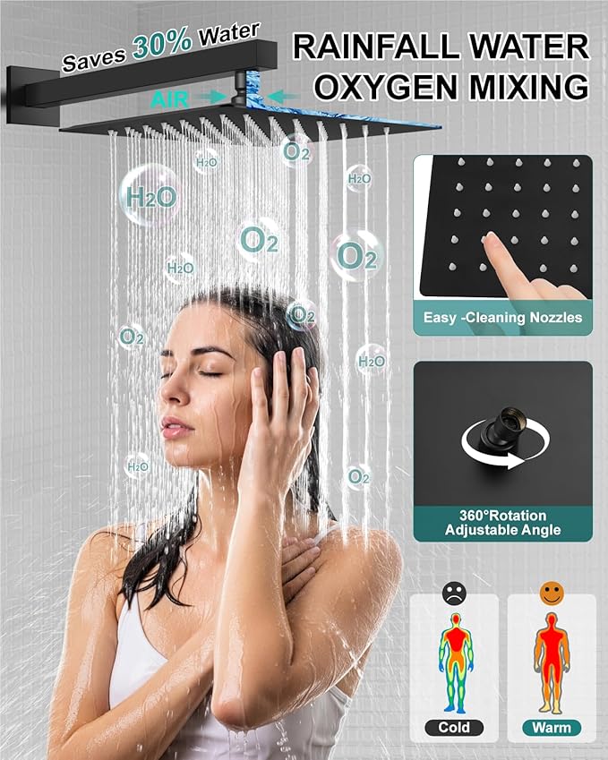 Shower Faucet Set Rainfall Shower System with Square Showerhead and Handle Set Fixture with 2 in 1 Function Handheld Sprayer Wall Mounted Trim Repair Kit Rough-in Valve 10 Inch Matte Black