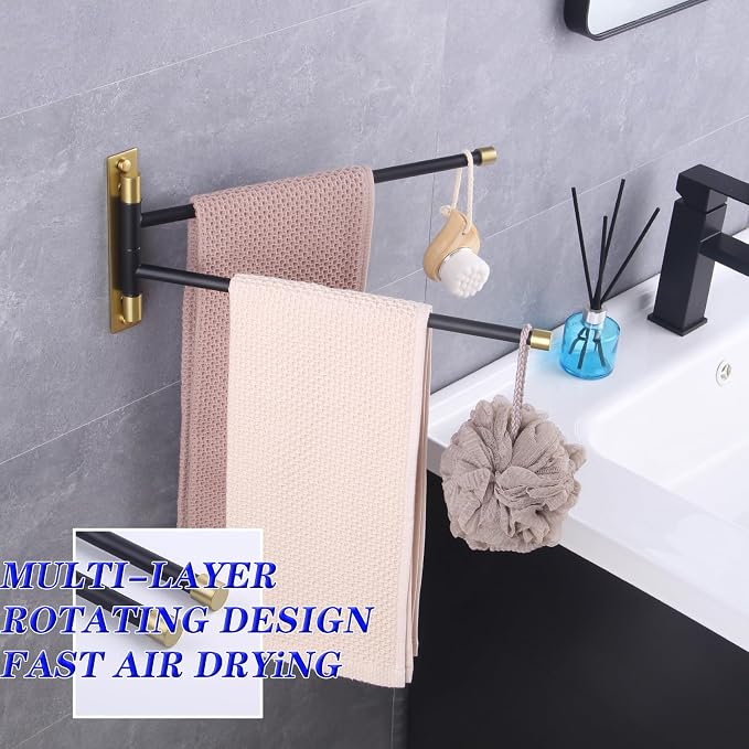 GERZWY Bathroom Swing Arm Towel Bars 2-Arm Wall Mount Stainless Steel Bath Towel Rack Hanger Towel Holder Organizer (Black & Gold) HYG02-BD