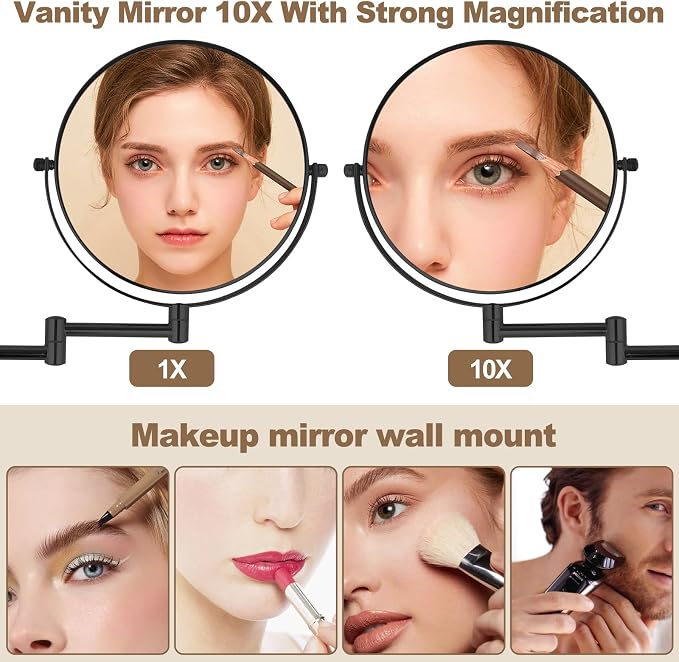 8” Wall Mounted Makeup Mirror with10X Magnification, Double Sided Shaving Mirror Wall Mount for Bathroom, 360° Swivel Extendable Vanity Mirror with Adjustable Arm for Daily Use, Matte Black（No Light）