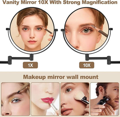 8” Wall Mounted Makeup Mirror with10X Magnification, Double Sided Shaving Mirror Wall Mount for Bathroom, 360° Swivel Extendable Vanity Mirror with Adjustable Arm for Daily Use, Matte Black（No Light）