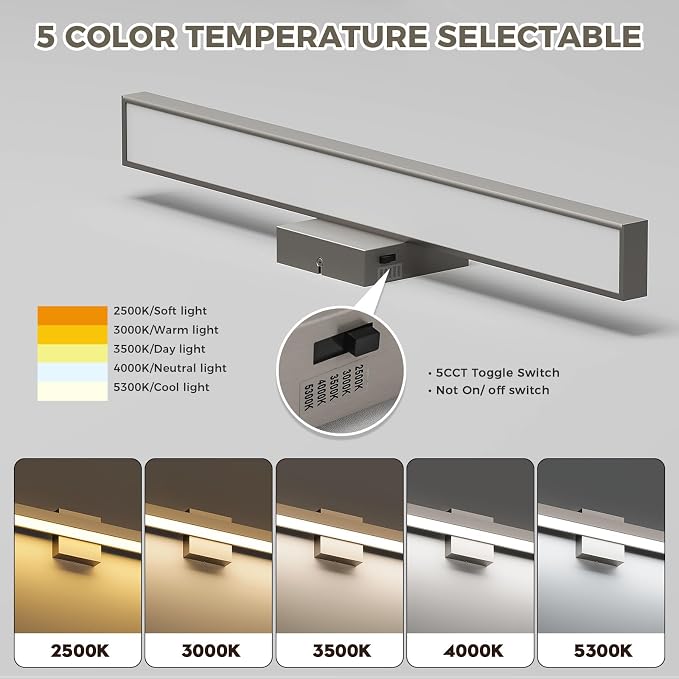 Brushed Nickel Bathroom Vanity Light 5CCT Dimmable Bathroom Light Bar | Modern Vanity Lights Fixtures Over Mirror 24.4 Inch 24W Wall Light