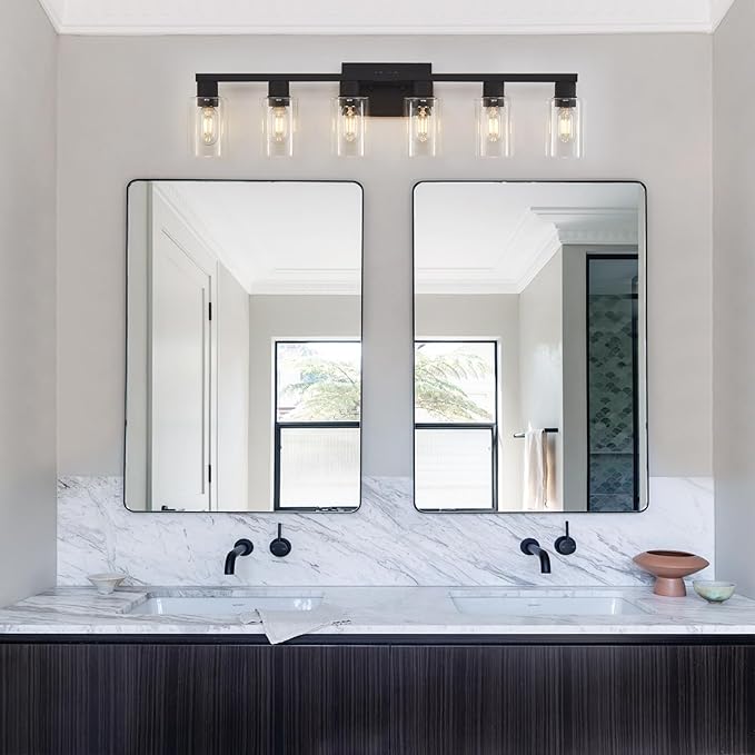 6 Light Bathroom Vanity Light, Matte Black Vanity Light Fixtures, Large Vanity Lights for Bathroom, Farmhouse Light Fixtures with Clear Glass Shade for Bathroom Over Mirror