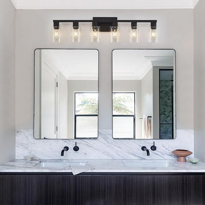 6 Light Bathroom Vanity Light, Matte Black Vanity Light Fixtures, Large Vanity Lights for Bathroom, Farmhouse Light Fixtures with Clear Glass Shade for Bathroom Over Mirror
