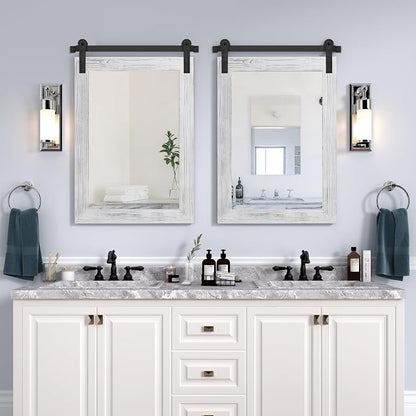 COGOOD Farmhouse Bathroom Mirrors for Over Sink - 30 x 22 White | Rustic Barn Door Wood Framed Vanity Mirror for Entryway, Living Room, Bedroom, Dresser Wall Decor