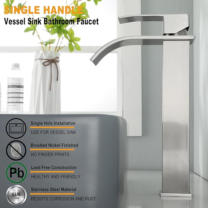 Vessel Sink Bathroom Faucet, Brushed Nickel Single Hole Waterfall Sink Faucets with Supply Hose and Pop Up Drain, Tall Waterfall Faucet for Bathroom Sink, JXM1221BN