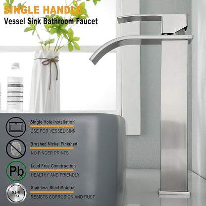 Vessel Sink Bathroom Faucet, Brushed Nickel Single Hole Waterfall Sink Faucets with Supply Hose and Pop Up Drain, Tall Waterfall Faucet for Bathroom Sink, JXM1221BN