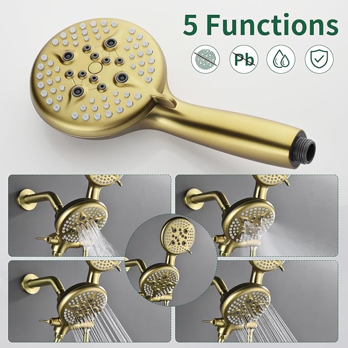 L829-3 Brushed Gold Shower Faucet Set - Complete Dual Shower Head & Handheld Combo, Tub Spout & Trim Kit