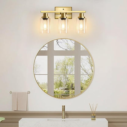 Ascher Bathroom Vanity Light Fixtures, 3 Light Wall Sconces Lighting with Clear Glass Shade, Gold Wall Lights for Mirror, Kitchen, Living Room, Gallery, E26 Base (Bulbs Not Included)