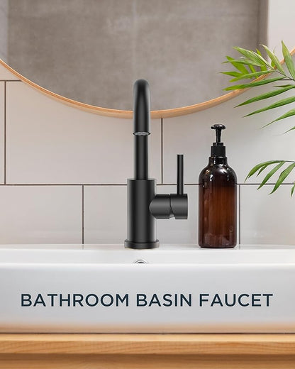 FORIOUS Black Bathroom Faucet 1 or 3 Hole Sink Single Handle, 360° Swivel Gooseneck Spout, Matte Finsh, Leak-Free, with cUPC Supply Line and Metal Pop Up Drain, Suitable for Bar Kitchen RV Vanity