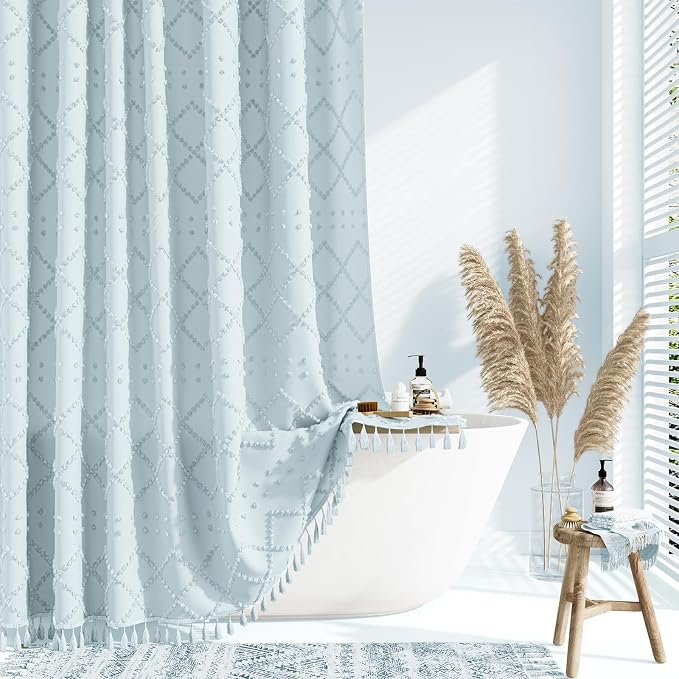 Stall Boho Shower Curtain Tufted Geometric 36"x72" Fog Blue | Narrow Half Size, Elegant Tassel, Soft Lightweight Textured Fabric, Water Repellent, Washable, for Bathroom/Dorm 6 Hooks