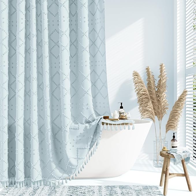 Extra Long Boho Shower Curtain Tufted Geometric 72"x84" Fog Blue | 84 Inch Tall, Elegant Tassel, Lightweight Textured Fabric, Water Repellent, Washable, Hotel Spa, for Bathroom/Dorm 12 Hooks