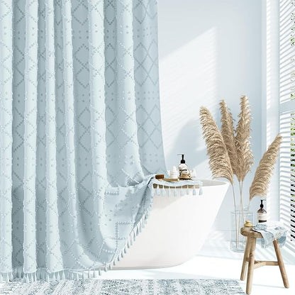Extra Long Boho Shower Curtain Tufted Geometric 72"x84" Fog Blue | 84 Inch Tall, Elegant Tassel, Lightweight Textured Fabric, Water Repellent, Washable, Hotel Spa, for Bathroom/Dorm 12 Hooks
