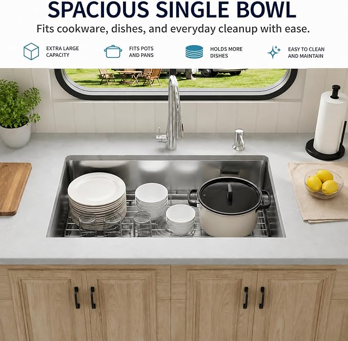 Kitsitchen RV Ktichen Sink,16 Gauge T304 Stainless Steel Undermount Kitchen Sinks with Sink Drain Strainer & Bottom Gird, 27" x 16" x 7" Single Bowl Drop In Kitchen Sink for RV, Outdoor and Bathroom