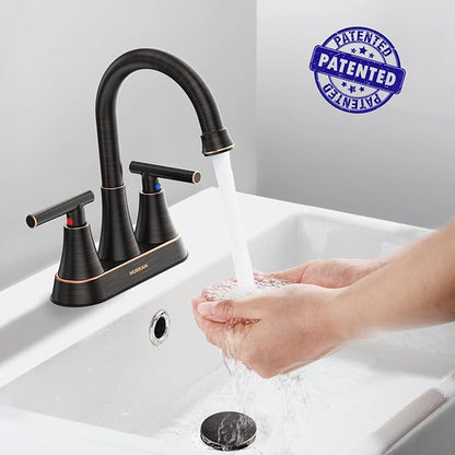 Bathroom Faucets for Sink 3 Hole, Hurran 4 inch Oil Rubbed Bronze Bathroom Sink Faucet with Pop-up Drain and Supply Hoses, Stainless Steel Lead-Free Centerset Faucets for Vanity RV, 2 Pack