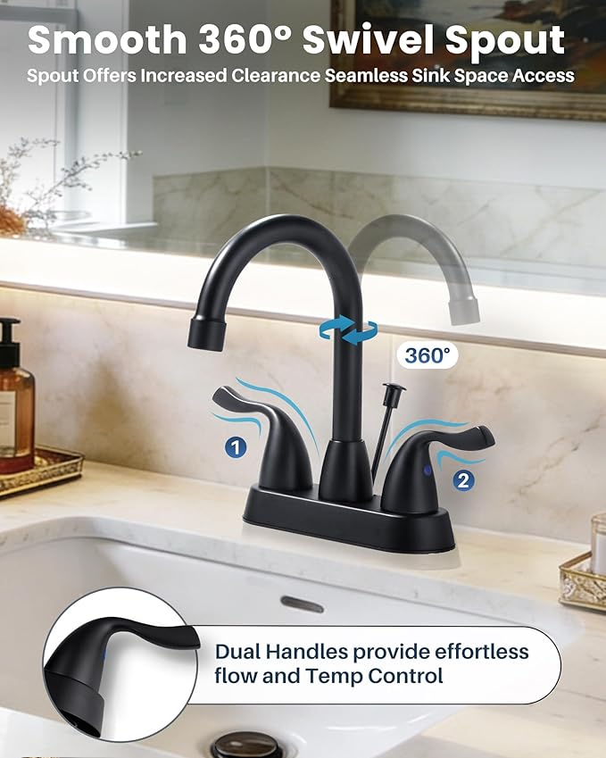 ARCORA Matte Black Bathroom Faucet, 4 Inch Centerset Bathroom Sink Faucet with Drain Assembly and Supply Hoses, 2 Handle Basin Faucet