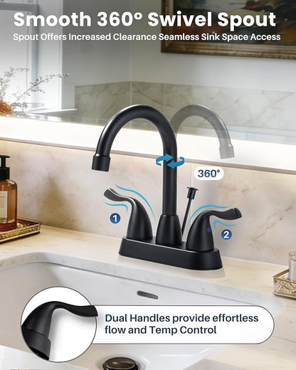 ARCORA Matte Black Bathroom Faucet, 4 Inch Centerset Bathroom Sink Faucet with Drain Assembly and Supply Hoses, 2 Handle Basin Faucet