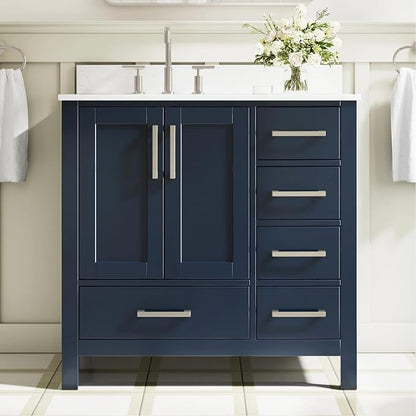 36-Inch Bathroom Vanity with Sink, 2 Soft-Close Doors and 5 Soft-Close Drawers, Bathroom Freestanding Vanity with Cultured Marble Countertop, Navy Blue Vanity with Brushed Nickel Handles