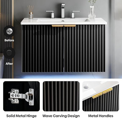 30" Bathroom Vanity with Sink, Modern Wall Mounted Floating Vanity Cabinet, Modern Bathroom Sinks with LED Light, Metal Handle & Double Soft-Close Doors, Black