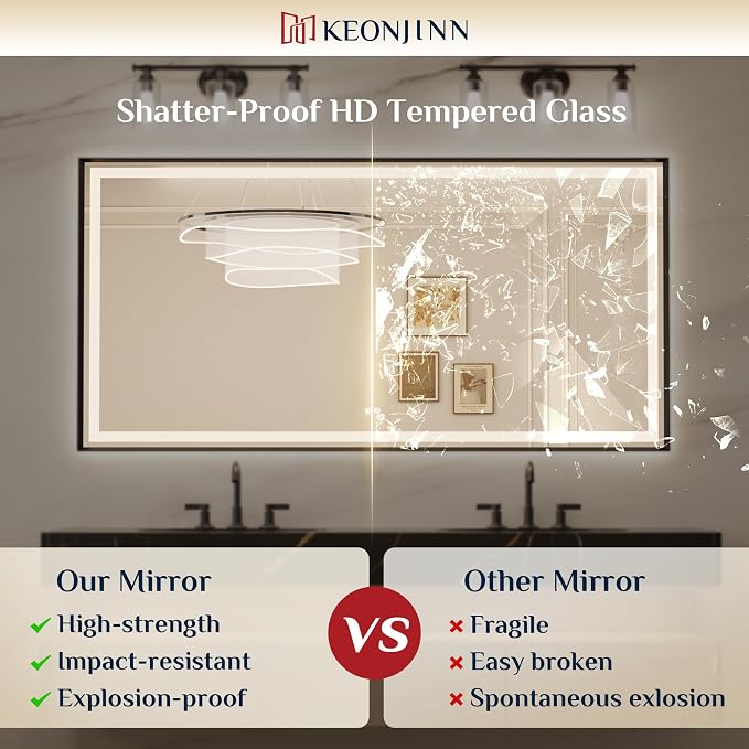 Keonjinn 40x30 Inch Black LED Bathroom Mirror with Lights, Beveled Edge | Frontlit & Backlit, Lighted Bathroom Mirror, HD Tempered Glass, 3 Color Temperatures, Anti-fog, Stepless Dimmable