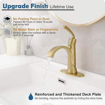 Brushed Gold Bathroom Faucet, Brass 1 Handle Bathroom Waterfall Sink Faucet 1 Hole or 3 Hole (4 Inch) with Pop Up Drain, Deck Plate, Extended 23.4 Inch Hoses for Farmhouse, Vanity, Restroom