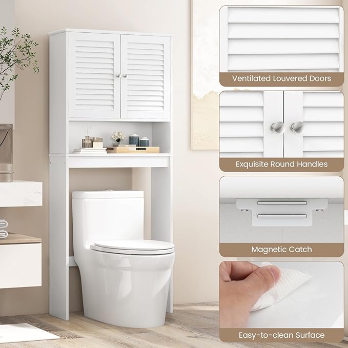 Giantex Over-The-Toilet Storage Cabinet, 3-Tier Freestanding Bathroom Rack w/Slat-Door Cabinet & 3-Position Adjustable Shelf, Space-Saving Storage Organizer for Bathroom, Washroom, Laundry Room