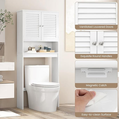 Giantex Over-The-Toilet Storage Cabinet, 3-Tier Freestanding Bathroom Rack w/Slat-Door Cabinet & 3-Position Adjustable Shelf, Space-Saving Storage Organizer for Bathroom, Washroom, Laundry Room
