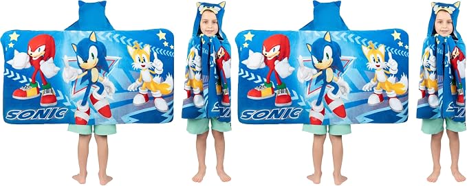 Franco Sonic The Hedgehog,Anime,Bath/Pool/Beach Soft Cotton Terry Hooded Towel Wrap,24 in x 50 in Kids,(Pack of 2)