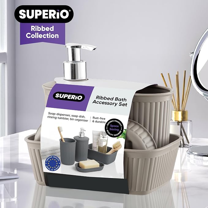 Superio Ribbed Collection - Decorative Plastic Bathroom Accessories Set, Taupe (Set of 4) Soap Dish, Liquid Dispenser, Toothbrush Holder Cup, Vanity Organizer Tray Bathroom Countertop Decor Gift