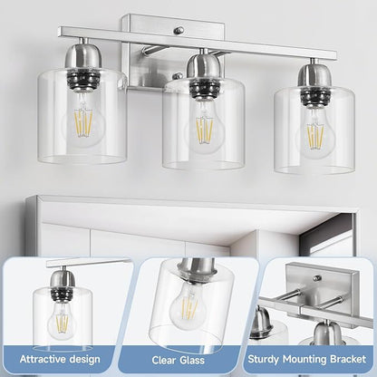 Modern Brushed Nickel 3 Light Bathroom Light Fixtures,19 inch Vanity Lights for Bathroom with Clear Glass Over Mirror for Mirror Kitchen Living Room