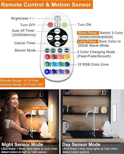 Under Cabinet Lighting Wireless, RGB LED Closet Lights, 4 Pack | 58 LEDs,Rechargeable Motion Sensor Light Indoor, Remote,Dimmable Under Counter Lights, Magnetic Night Lights for Kitchen
