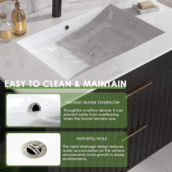 36" Bathroom Vanity with Sink, Floating Bathroom Vanity with 2 Fluted Drawers & Metal Handle, Wall Mounted Cabinets with Integrated Ceramic Sink for Apartment, Home, Black