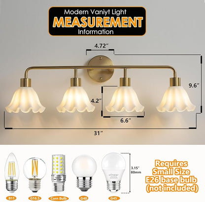 4 Light Gold Brass Bathroom Light Fixture,Brush Gold Vanity Lighting Over Mirror,Cute White Glass Flower Lampshade,Wall Sconces,E26 Socket(Bulbs Not Included)