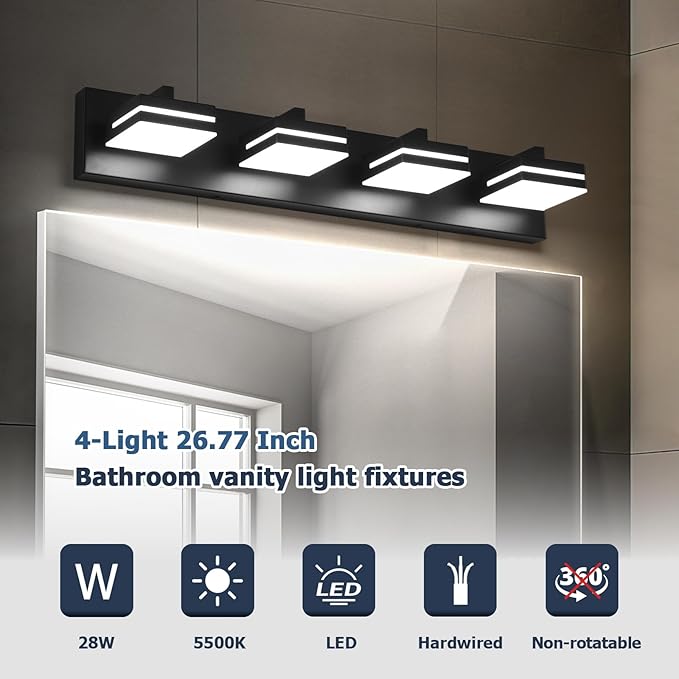Joossnwell Bathroom Vanity Light (4-Light, 26.77-Inch) Black Bathroom Light Fixtures Over Mirror Led Modern Vanity Lighting Bath Lights (Cool White 5500K)