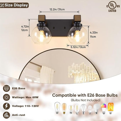 Farmhouse Bathroom Vanity Light, 2-Light Wood Bathroom Light Fixtures Over Mirror, Black Vanity Lighting Fixtures with Glass Shades, Rustic Bathroom Lighting for Living Room Bedroom Hallway